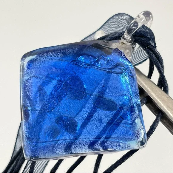 Unsigned Dichroic Glass Blue Silver Square Pendant Corded Black Ribbon Necklace